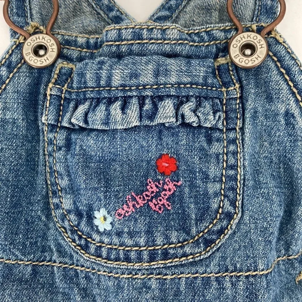 OshKosh B’gosh Denim Overall Dress Floral Print 9 Months Old